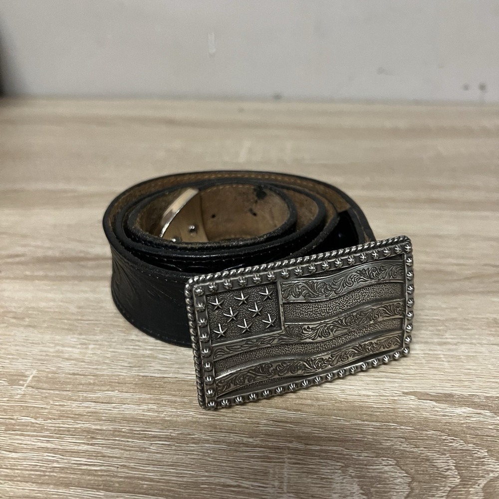 Vintage Tony Lama Black Leather Belt 38 C41513 USA Flag Buckle